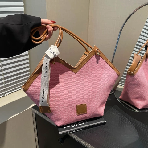 Borsa Tote Donna Tela Pelle PU Bordo Contrasto Apertura A V Grande Capacità Borsa A Spalla Con Decorazione Nastro