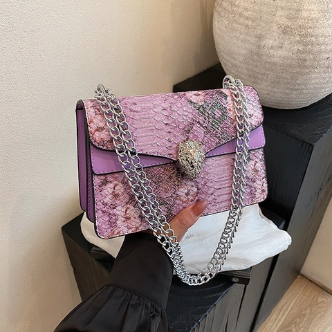 Luxury Snake Print Crossbody Bag For Women Retro PU Leather Chain Shoulder Bag With Metal Animal Head Buckle Fashion