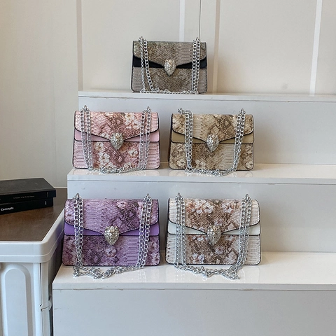 Luxury Snake Print Crossbody Bag For Women Retro PU Leather Chain Shoulder Bag With Metal Animal Head Buckle Fashion