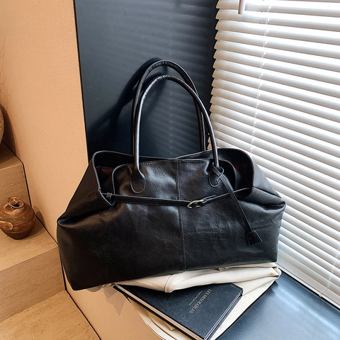 Vintage PU Δερμάτινη Τσάντα Tote Μεγάλης Χωρητικότητας Για Γυναίκες Casual Τσάντα Ώμου Με Μεταλλική Αγκράφα Χακί Καφέ Μαύρο