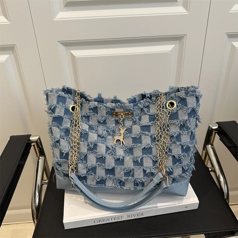 Borsa Tote In Denim Da Donna Bordi Sfilacciati Motivo Stelle Scacchi Catena Dorata Borsa A Spalla Grande Capacità Casual Retrò