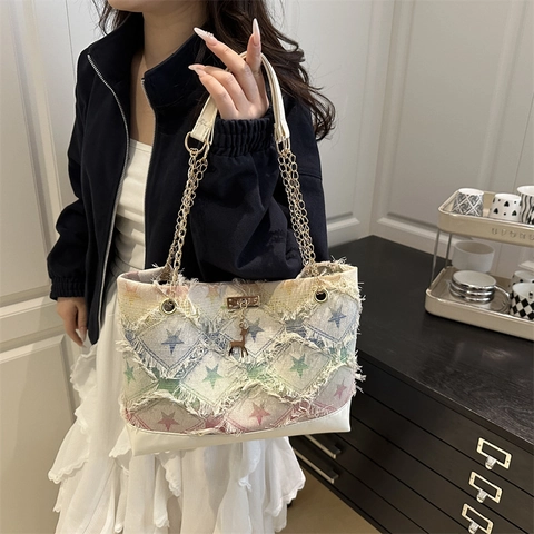 Women Denim Star Checkered Tote Bag Chic Frayed Edges Chain Shoulder Bag With Deer Pendant Casual Fashion Handbag