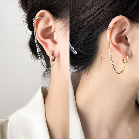Orecchini Minimalisti In Acciaio Inossidabile Per Doppio Foro Con Catena In Zircone Che Collega Ear Cuff E Cerchio Per Donna