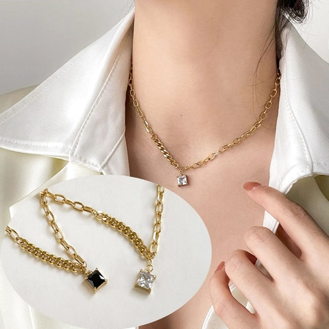 Square Zircon Pendant Necklace Titanium Steel Gold Plated Minimalist Geometric Clavicle Chain For Women