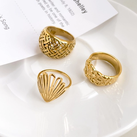 Vintage French Style Rings Titanium Steel Gold Plated Lava Woven Fan Shape Minimalist Jewelry For Women