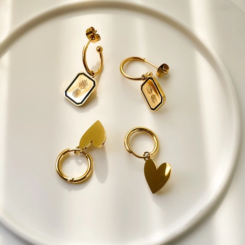 Minimalist Heart And Rectangle Hoop Earrings Stainless Steel Gold Plated Vintage Sunburst Geometric Jewelry For Women