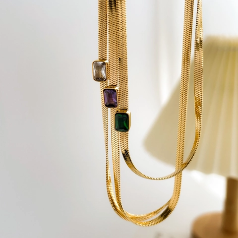 Collana In Acciaio Al Titanio Placcato Oro 18K Catena A Serpente Piatta Con Pendente In Zircone Gioielli Retro Francesi