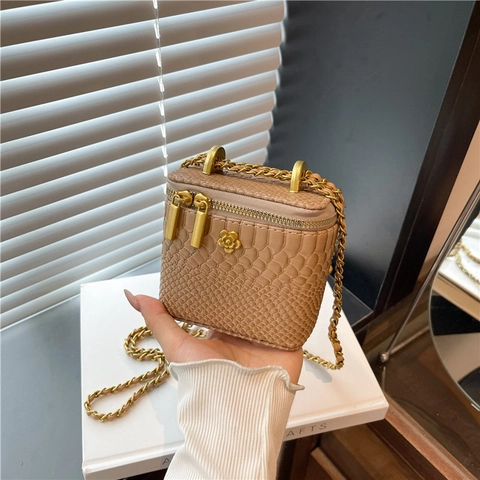 Mini Sac Bandoulière Boîte Cuir PU Motif Serpent Fleur Dorée Chaîne Double Fermeture Éclair Femmes Petite Pochette