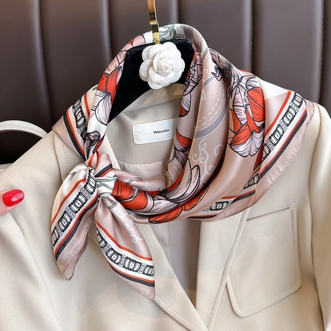 Women Elegant Satin Floral Square Scarf Fashion Printed Decorative Head Wrap Neck Scarf Lightweight Foulard Shawl Gift