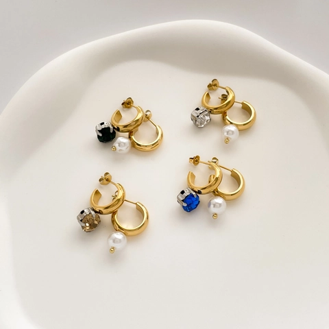 Asymmetric C-Shaped Hoop Earrings With Artificial Pearl And Colorful Zircon Crystal Titanium Steel Gold Plated French Style For Women