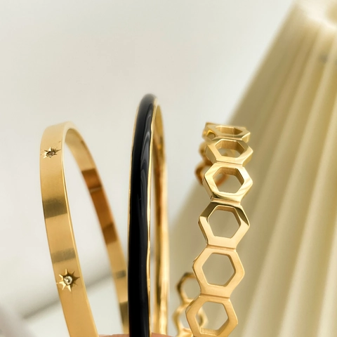 Minimalistische Armring Titaniumstaal Verguld Holle Honingraat Ster Zirkon Zwart Emaille Geometrisch Voor Vrouwen