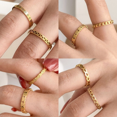 Minimalist Titanium Steel Rings For Women Hollow Out Daisy Flower Geometric Infinity Thin Chain Kissing Fish Band Rings