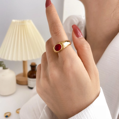 Anillo De Sello Vintage De Acero De Titanio Chapado En Oro De 18K Circonio Colorido Ovalado Joyería Retro Elegante