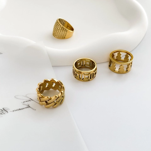 Geometrische Hohle Ringe Vergoldeter Edelstahl Flaschenkürbis Münze Masche Kubanische Kette Minimalistischer Vintage Schmuck