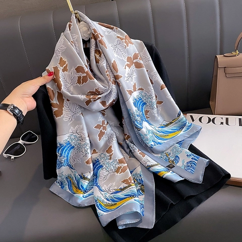 Sciarpa Di Raso Artificiale Alla Moda Da Donna Scialle Di Raso Con Stampa Foglie E Onde
