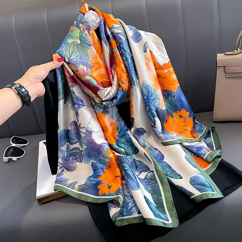 Sciarpa Da Donna In Finta Raso Con Stampa Floreale Grande Scialle In Raso Lungo Avvolgente Liscio Elegante Stile Pendolare