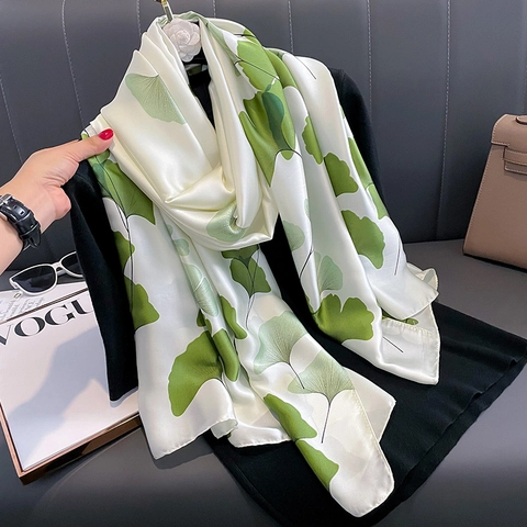 Damen Schal Mit Ginkgoblatt Druck KunstSatin Lang Elegant Grün Elfenbein Leichte Stola Mode Accessoire