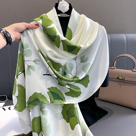 Damen Schal Mit Ginkgoblatt Druck KunstSatin Lang Elegant Grün Elfenbein Leichte Stola Mode Accessoire
