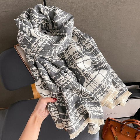 Sciarpa Invernale Da Donna Elegante Imitazione Cachemire Ispessita Calda Plaid Stampa Rosa Con Frange
