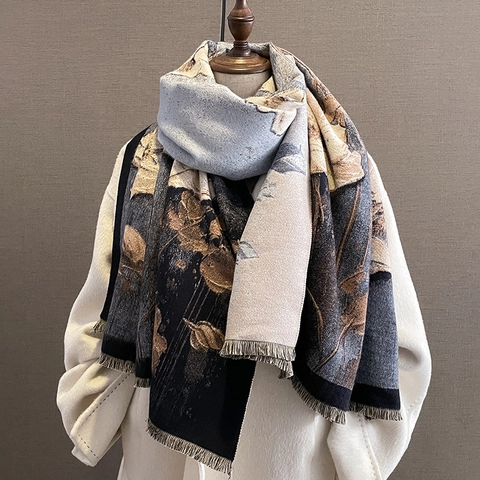 Women Winter Scarf Shawl Faux Cashmere Thickened Warm Reversible Floral Jacquard Tassel Elegant Long Wrap