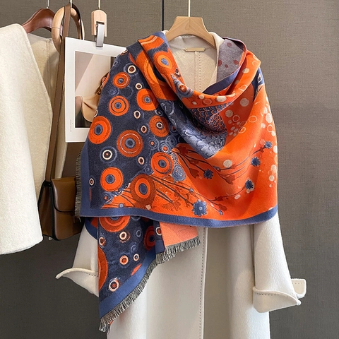 Winter Schal Sjaal Kunstkaschmir Acryl Dick Warm Doppelseitig Quasten Pfauenmuster Geometrischer Druck Damen