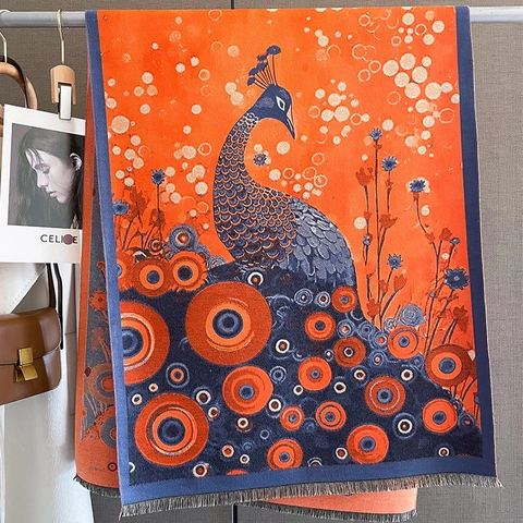 Winter Schal Sjaal Kunstkaschmir Acryl Dick Warm Doppelseitig Quasten Pfauenmuster Geometrischer Druck Damen