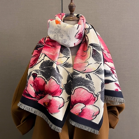 Floral Print Imitation Cashmere Scarf Thick Warm Winter Shawl With Tassels Elegant Peony Wrap For Women