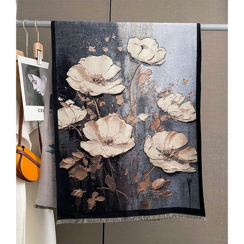 Women Winter Scarf Shawl Faux Cashmere Thickened Warm Reversible Floral Jacquard Tassel Elegant Long Wrap