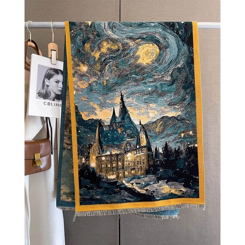 Sciarpa Arte Pittura A Olio Notte Stellata Castello Imitazione Cashmere Spesso Caldo Scialle Invernale Con Nappine Per Donna
