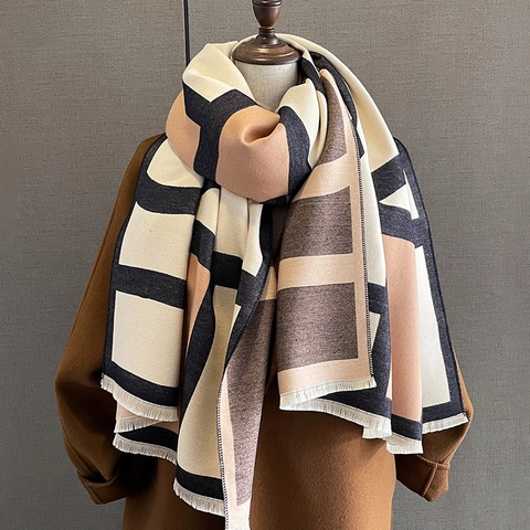 Damen Schal Aus Kaschmirimitat Geometrisches Farblock Design Weicher Verdickter Winterwarmer Schal Mit Eleganten Frans