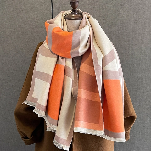 Damen Schal Aus Kaschmirimitat Geometrisches Farblock Design Weicher Verdickter Winterwarmer Schal Mit Eleganten Frans