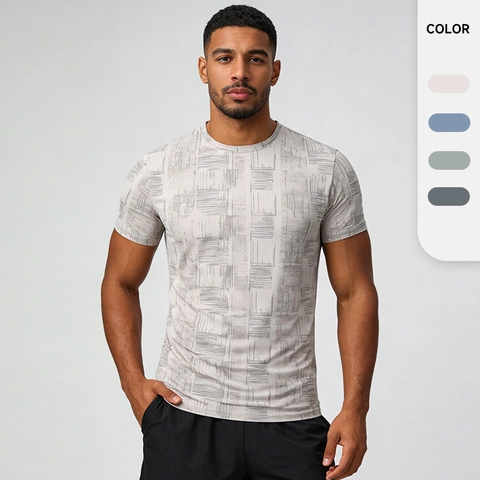 Men T-Shirt Quick Dry Athletic Gym Running Top Short Sleeve Nylon Spandex Geometric Pattern Sportswear