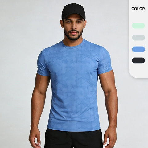 Men's Quick Dry Sports T-Shirt Nylon Spandex Short Sleeve Geometric Pattern Round Neck Breathable Athletic Top
