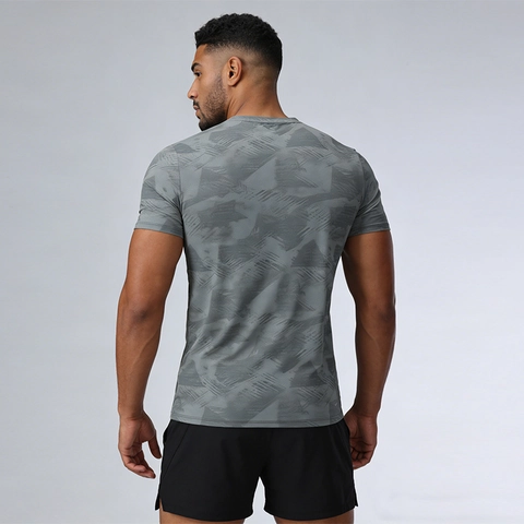 Men Sport T-Shirt Quick-Dry Breathable Nylon Spandex Geometric Camo Print Round Neck Fitness Running Top