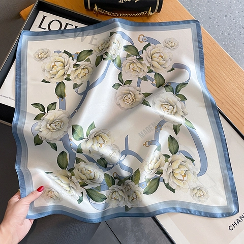 Elegant Mulberry Satin Square Scarf Camellia Floral Chain Print French Style Fashion Neck Wrap For Women