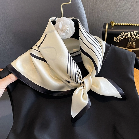 Mulberry Satin Square Scarf For Women Minimalist Striped Neckerchief Elegant Satin Geometric Print Neck Head Wrap