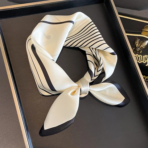 Mulberry Satin Square Scarf For Women Minimalist Striped Neckerchief Elegant Satin Geometric Print Neck Head Wrap