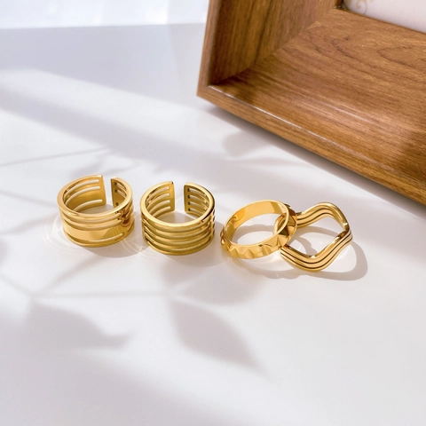 Roestvrijstalen Ring Meerlagig Hol Open Geometrisch Golf Brede Band Minimalistische Sieraden Voor Dames