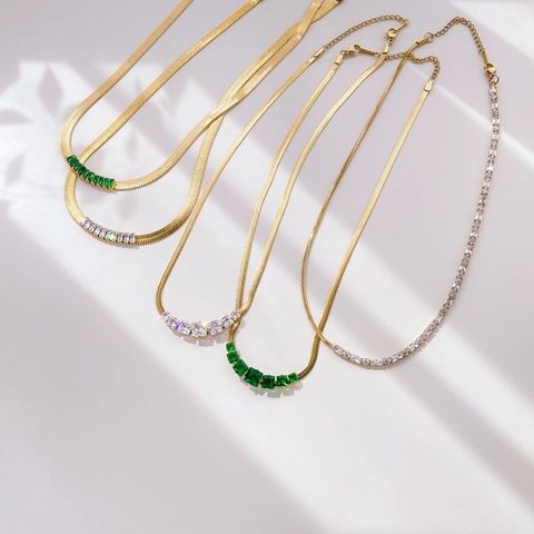 Damen Retro Titanstahl Halskette Vergoldet Zirkonia Eingelegt Fischgräten Schlangenkette Elegantes Lagen Schmuck Zubehör