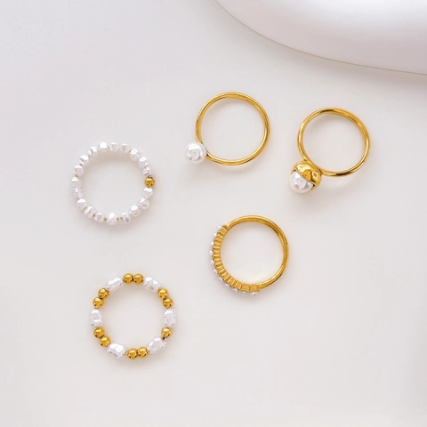 Bague Künstliche Perle Élégante Pour Femme Plaqué Or 18K Acier Titane Perlé Style Rétro Français Bijoux Réglables Cadeau
