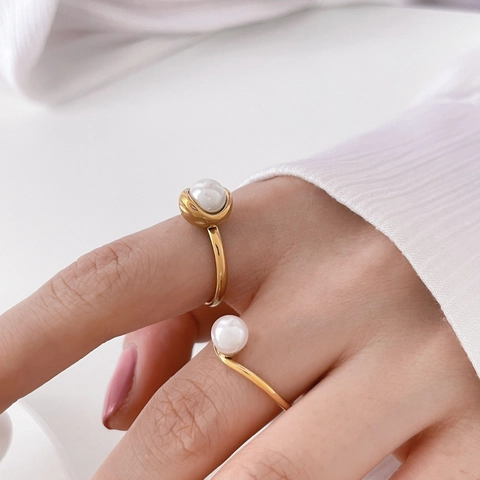 Bague Künstliche Perle Élégante Pour Femme Plaqué Or 18K Acier Titane Perlé Style Rétro Français Bijoux Réglables Cadeau