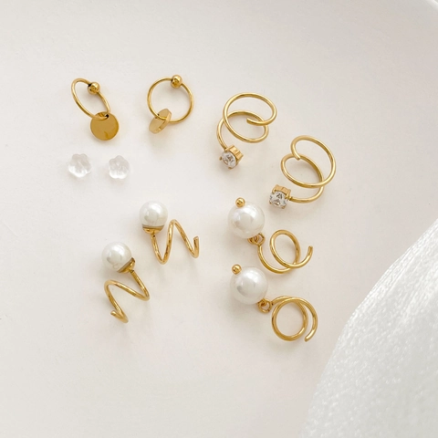 Minimalistische Titanium Stalen Oorbellen Verguld Spiraal Zirkoon Kunstparel Ringen Studs Vrouwen Zoet Delicaat Comfortabel Slapen
