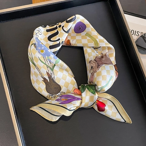 Mulberry Satin Square Scarf Checkerboard Rabbit Floral Print Thanksgiving Holiday Fashion Neck Hair Bag Accessories