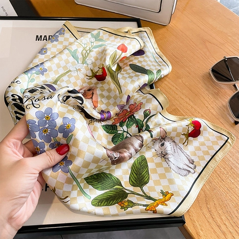 Mulberry Satin Square Scarf Checkerboard Rabbit Floral Print Thanksgiving Holiday Fashion Neck Hair Bag Accessories