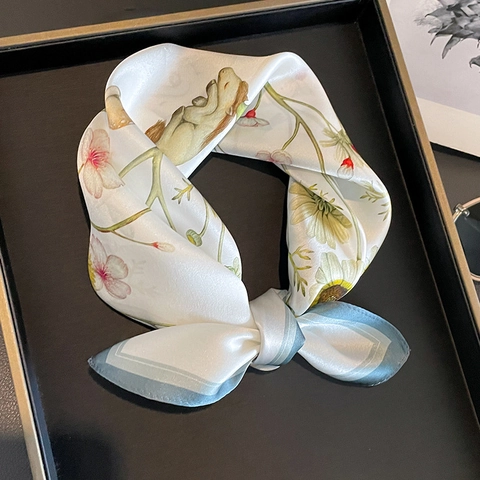 Élégant Carré Écharpe Femme Satin De Mûrier Imprimé Lapin Fleur Mode Foulard Cou Tête Léger