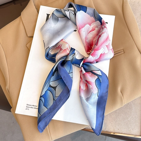 Foulard Carré Élégant Imprimé Pivoine Sensation Satin Écharpe De Cou Navette Châle Enveloppement Accessoires Pour Femmes