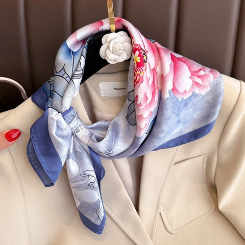 Foulard Carré Élégant Imprimé Pivoine Sensation Satin Écharpe De Cou Navette Châle Enveloppement Accessoires Pour Femmes