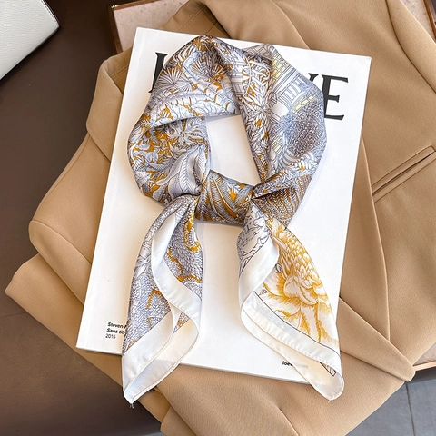 Fashionable Satin Square Scarf For Women Vintage Plant Flower Pattern Elegant Silk-Like Neck Scarf Decorative Shawl Wrap