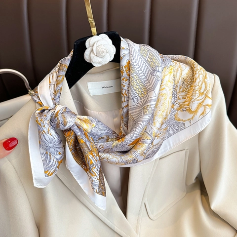 Fashionable Satin Square Scarf For Women Vintage Plant Flower Pattern Elegant Silk-Like Neck Scarf Decorative Shawl Wrap