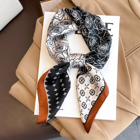 Elegant Square Scarf Imitation Satin Rose Floral Print Fashion Star Pattern Neck Head Wrap Versatile Accessory For Women